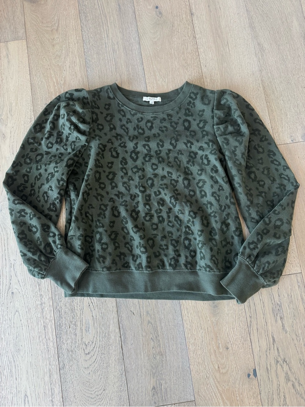 Z Supply Womens Leopard Sweatshirt Puff Sleeve Green Small